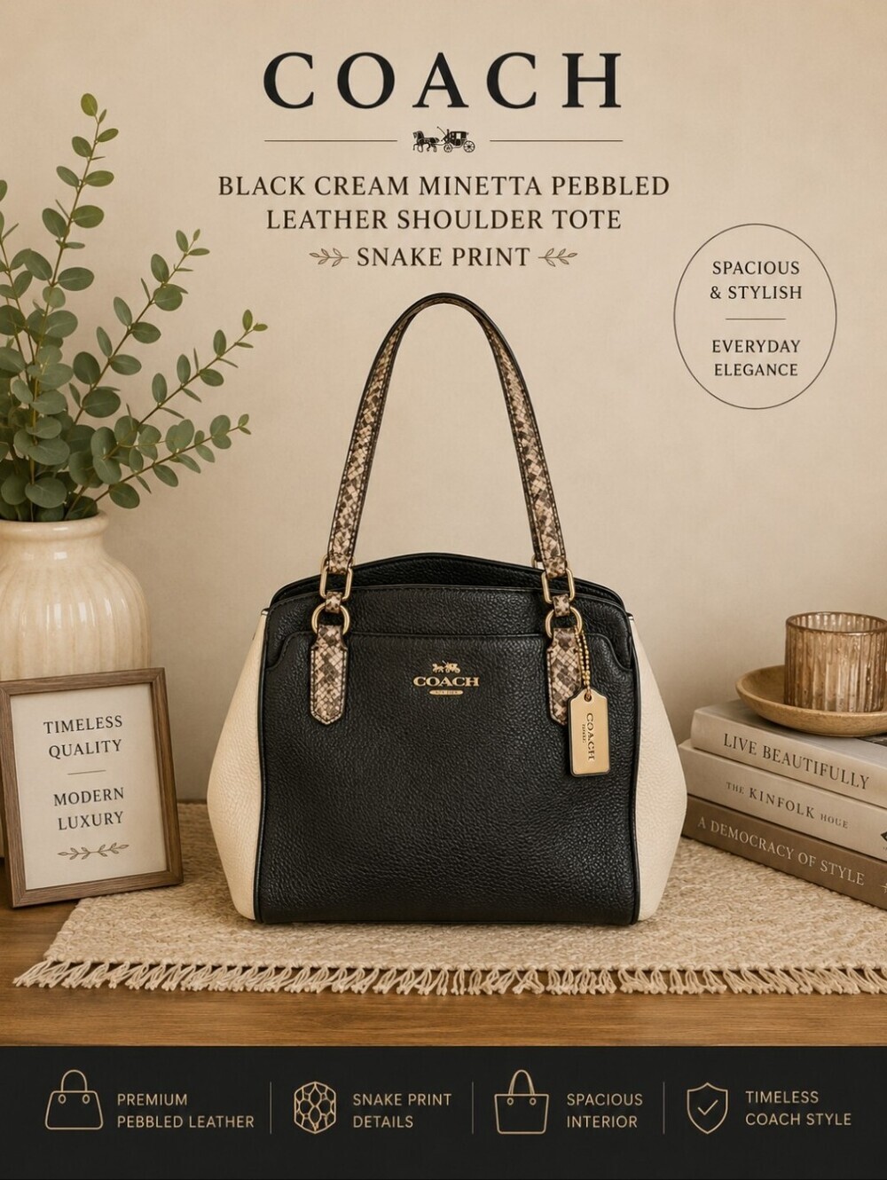 Coach Black Cream MinettaPebbled Leather Shoulder Tote Snake Print Bag